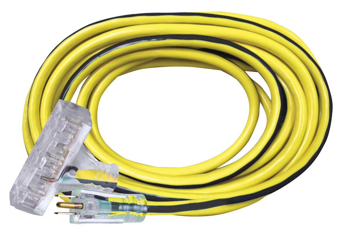 12/3 Yellow Extension Cord w/Lighted End - 3 Outlet