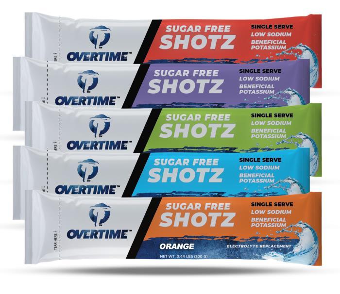 Overtime Shotz Electrolyte Replacment Single Serve 5 Flavor Variety Pack For 16.9 Fl Oz Bottles - Case Of 80 Packs Of 5