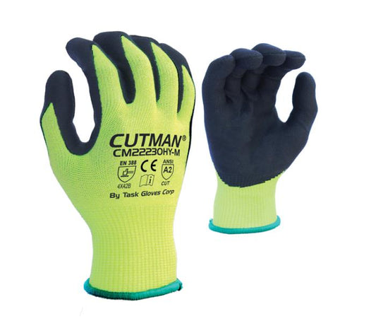 Task Cutman Hi-Viz Yellow HDPE Fiber Glove w/ Black Nitrile Coated Palm - ANSI Cut Level A2