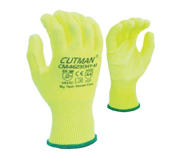 Task Cutman Hi-Viz HDPE Glove w/ Polyurethane Coated Palm & Fingers - ANSI Cut Level A4